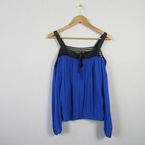 Guess by Marciano 100% Silk Blouse S Blue Cold Shoulder Long Sleeve Y2K 172